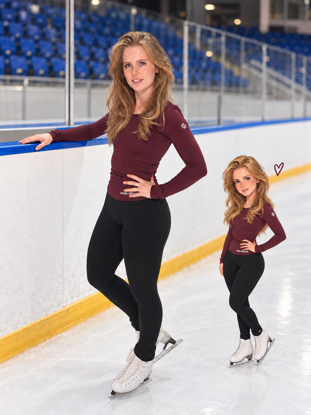 A woman and a child modeling matching burgundy long-sleeve athletic tops and black leggings on an indoor ice rink, with the adult model leaning on the blue boards and a smaller inset of the child model beside her.