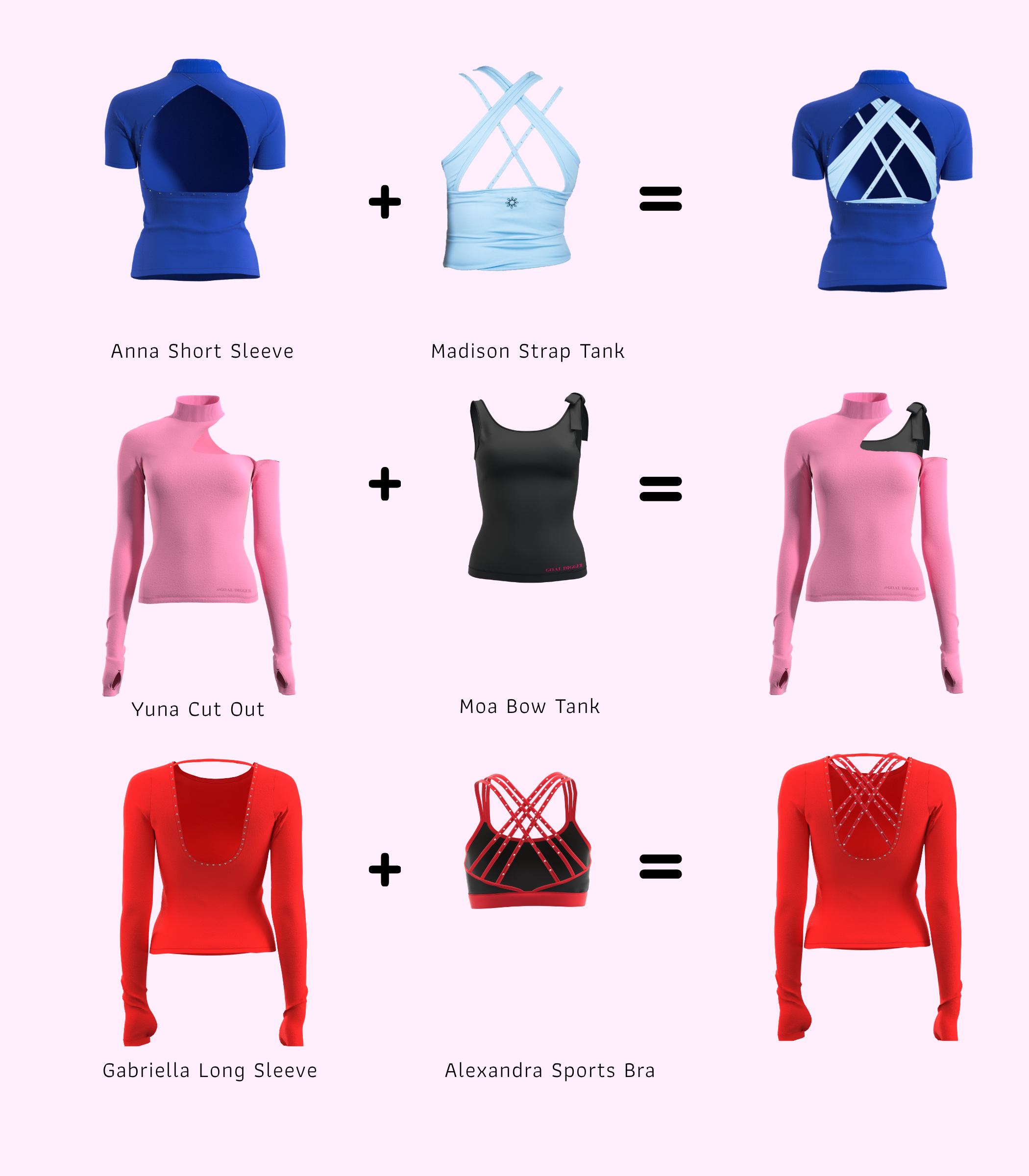 A pink-background infographic showing three rows of garment transformation diagrams with labeled apparel items and before/after styling combinations.